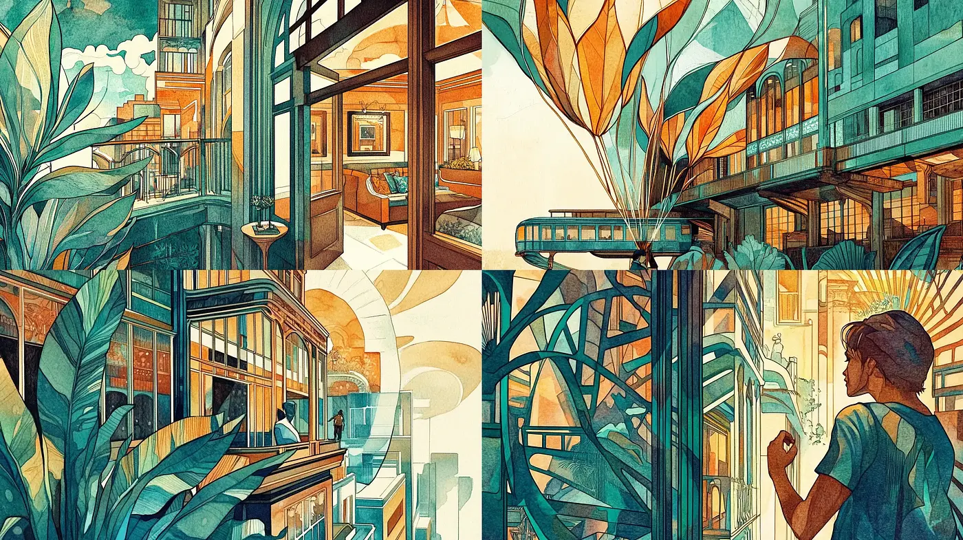Warm Botanical Hues in Art Nouveau-Inspired Urban Dreamscapes - Midjourney sref style