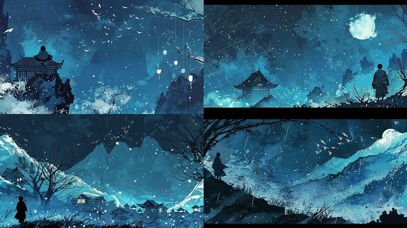Ethereal Nocturnal Dreamscape: A Tranquil Melange of Azure and Obsidian - Midjourney sref style