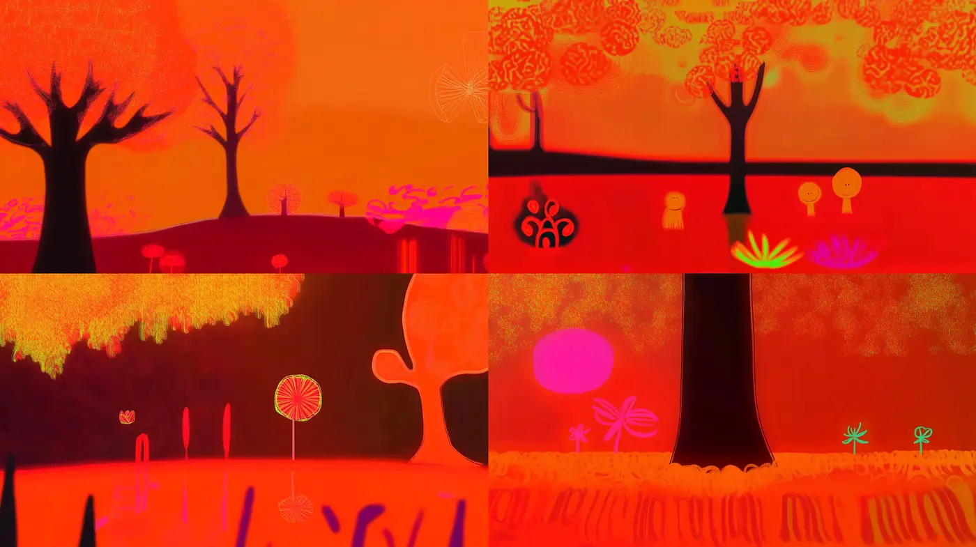 Sunset Hues in Surreal Silhouettes: A Vivid Fusion of Dreamscapes - Midjourney sref style
