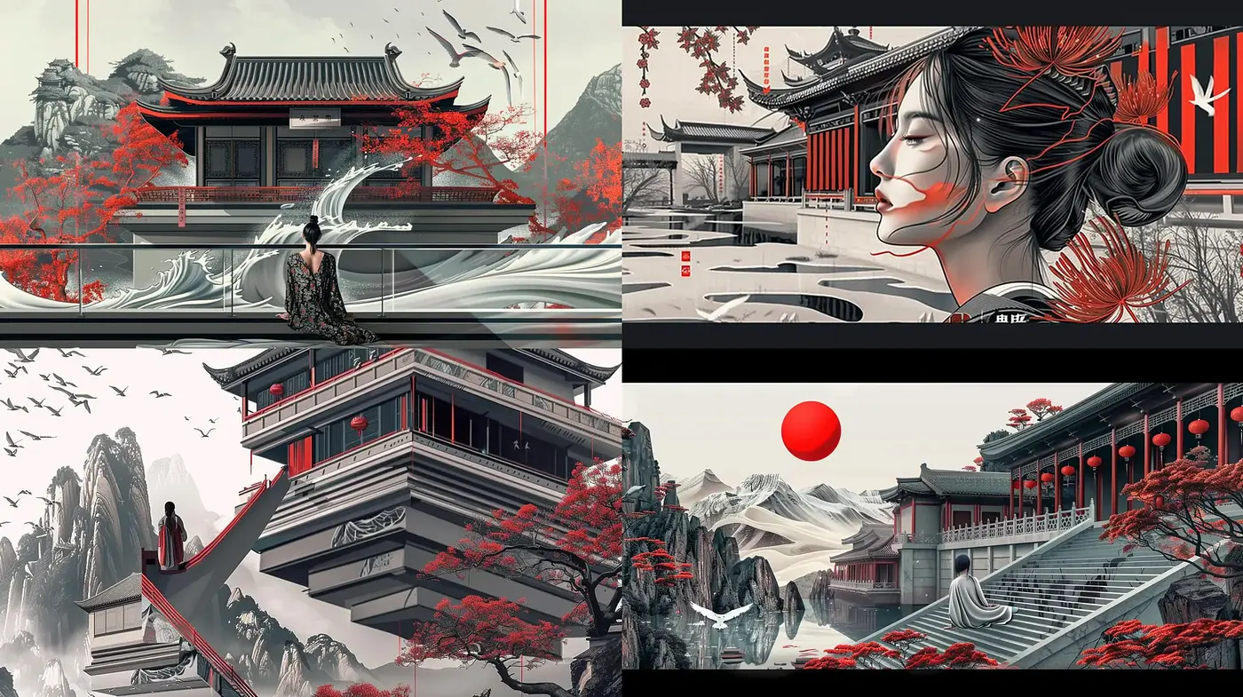 Crimson Accented Monochrome East Asian Illustrative Art - Midjourney sref style