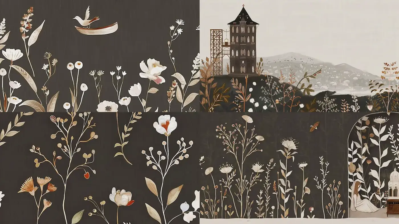 Organic floral motifs with a touch of whimsy and urban landscapes - Midjourney sref style