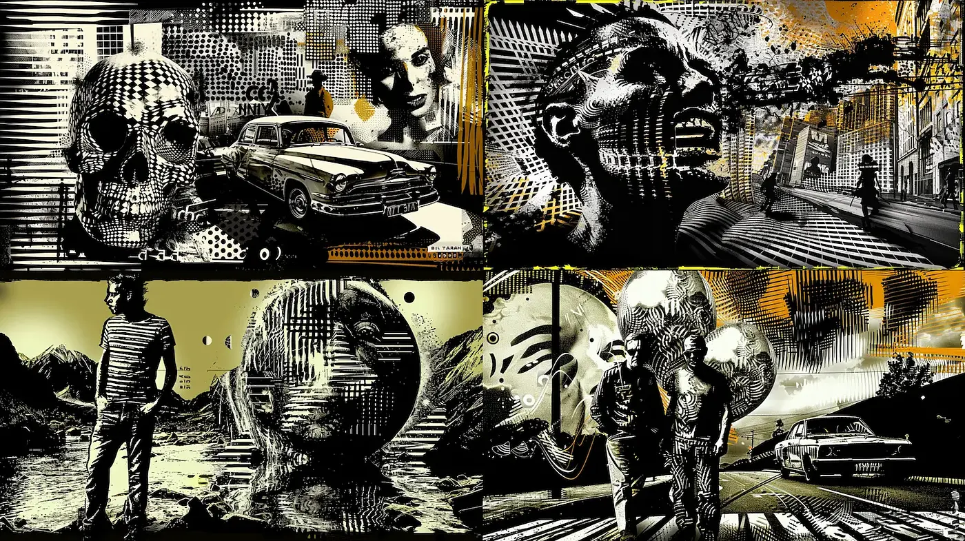 Dynamic and energetic collage with graphic influences and urban themes - Midjourney sref style