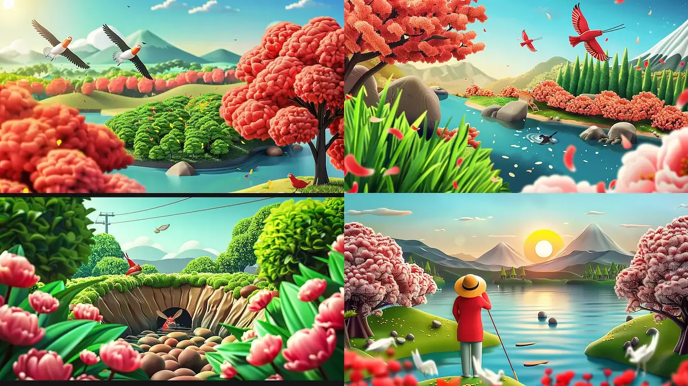 Vibrant and Lush Landscapes with Playful Elements - Midjourney sref style