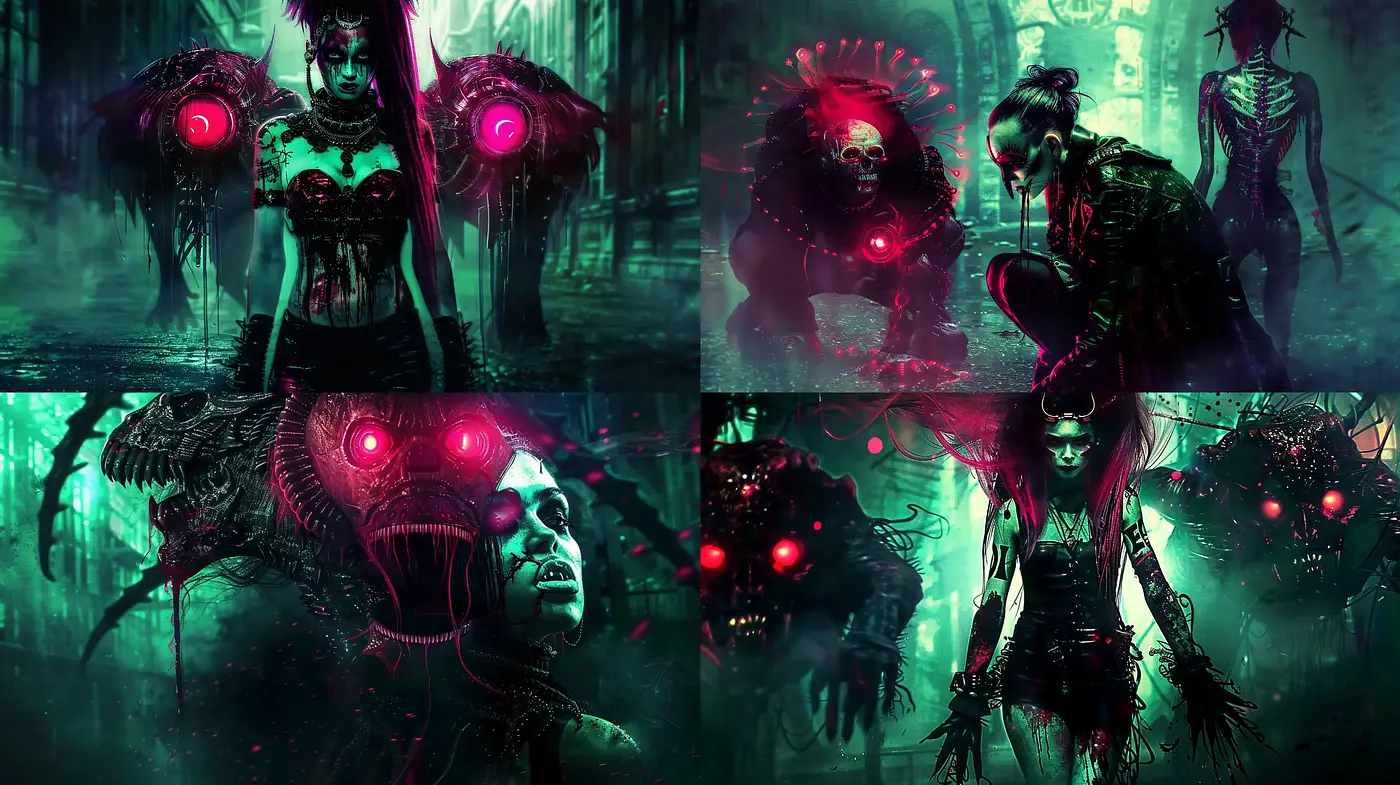 Ethereal Cybernetic Dreamscape: A Fusion of Dark Fantasy and Neon Tech - Midjourney sref style