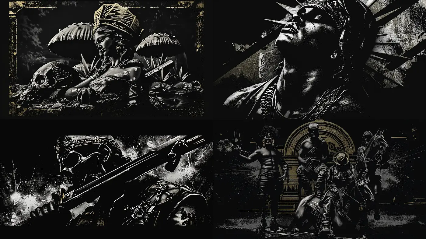 Dark Monochromatic Visions of Epic Mythos - Midjourney sref style