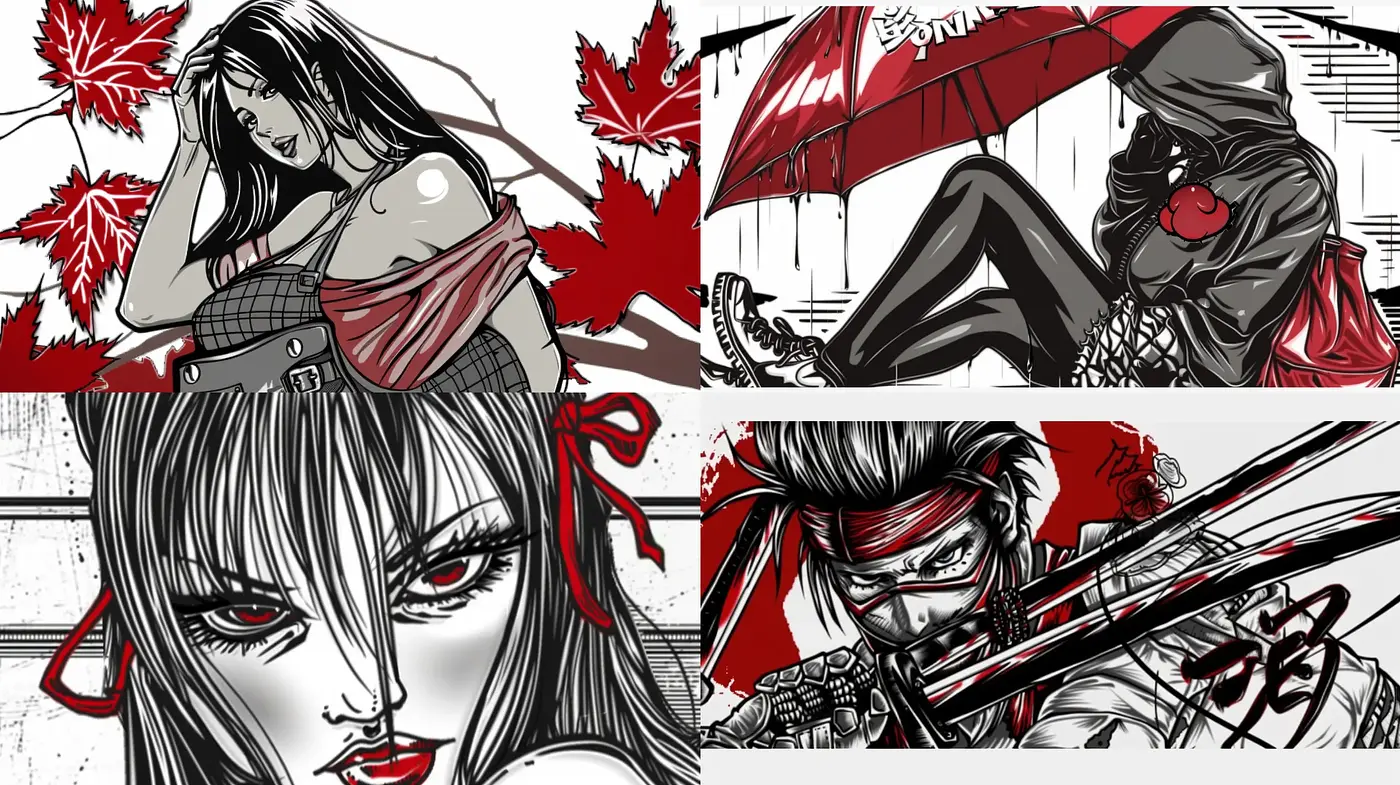 Monochromatic Manga-Inspired Visual Narrative with Splashes of Red - Midjourney sref style