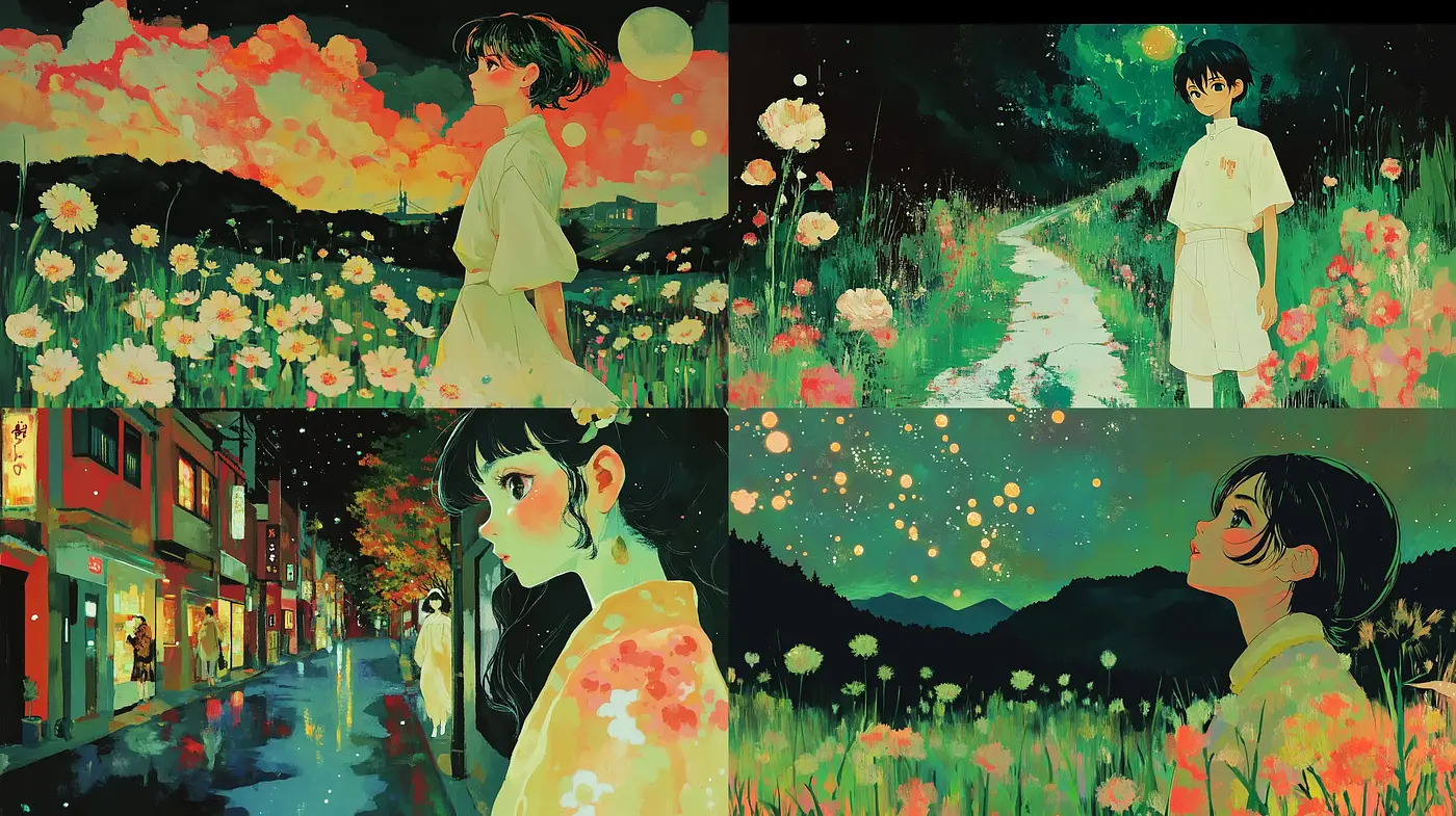 Dusk to Dawn: A Dreamlike Interplay of Vivid Colors and Ethereal Atmospheres - Midjourney sref style