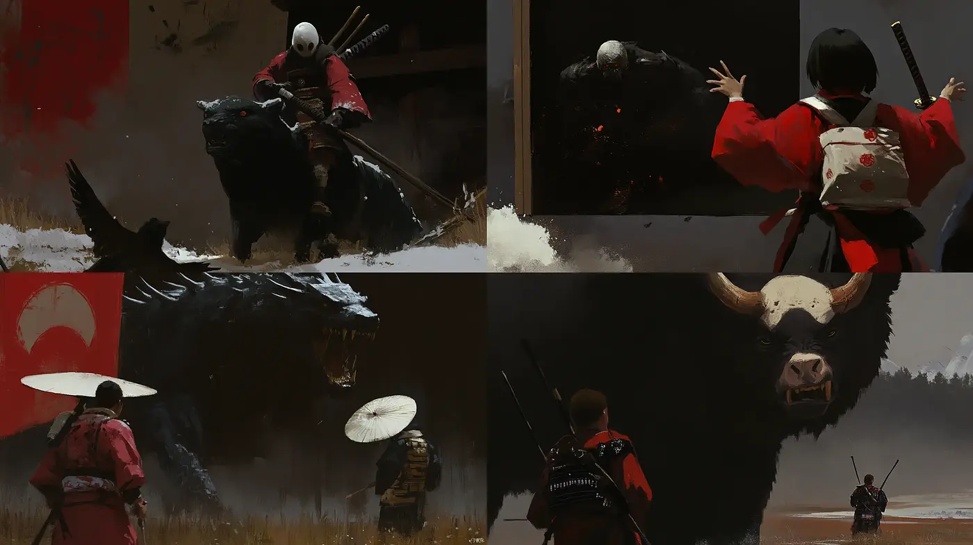 Epic Strokes of Feudal Tales: A Cinematic Brush with Samurai Lore - Midjourney sref style