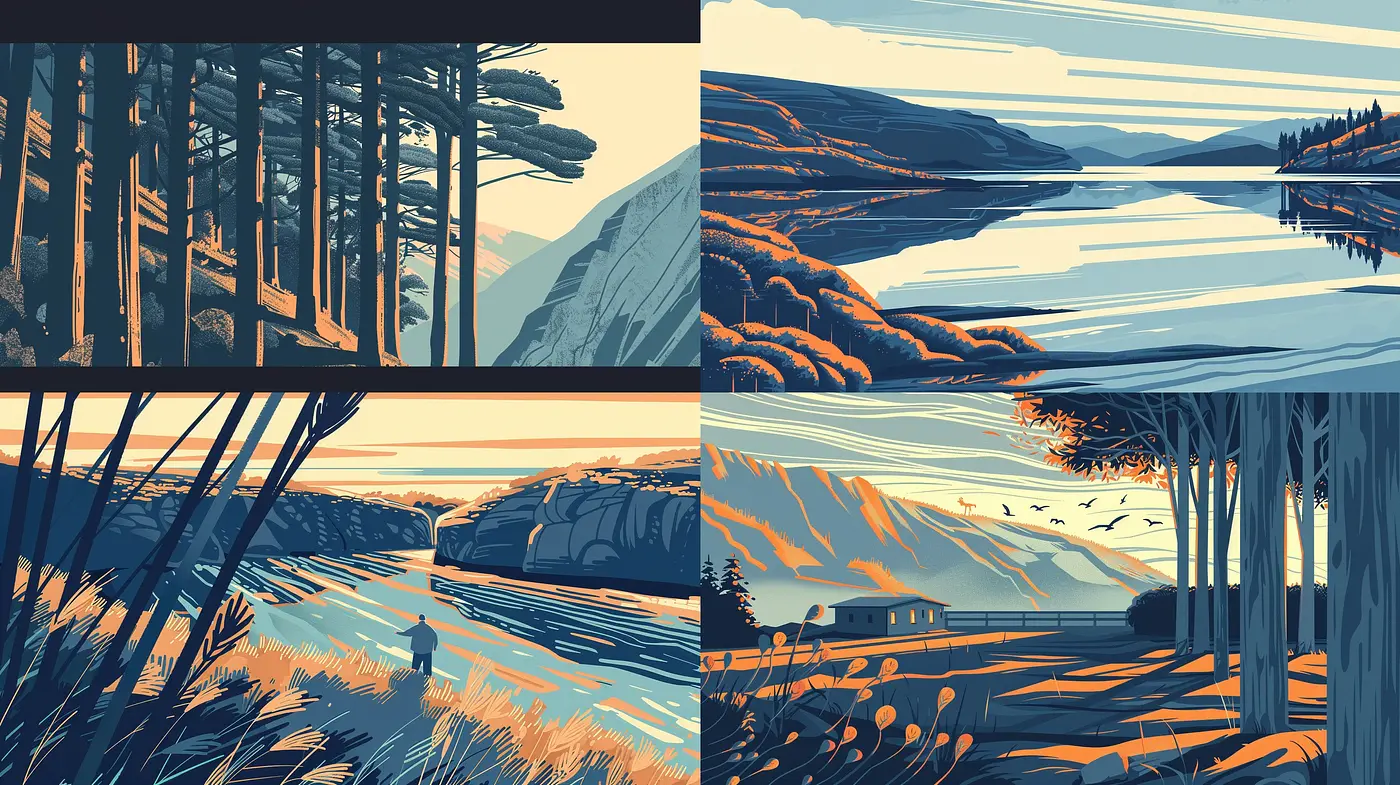 Harmonious Chromatic Landscapes in Stylized Nature - Midjourney sref style