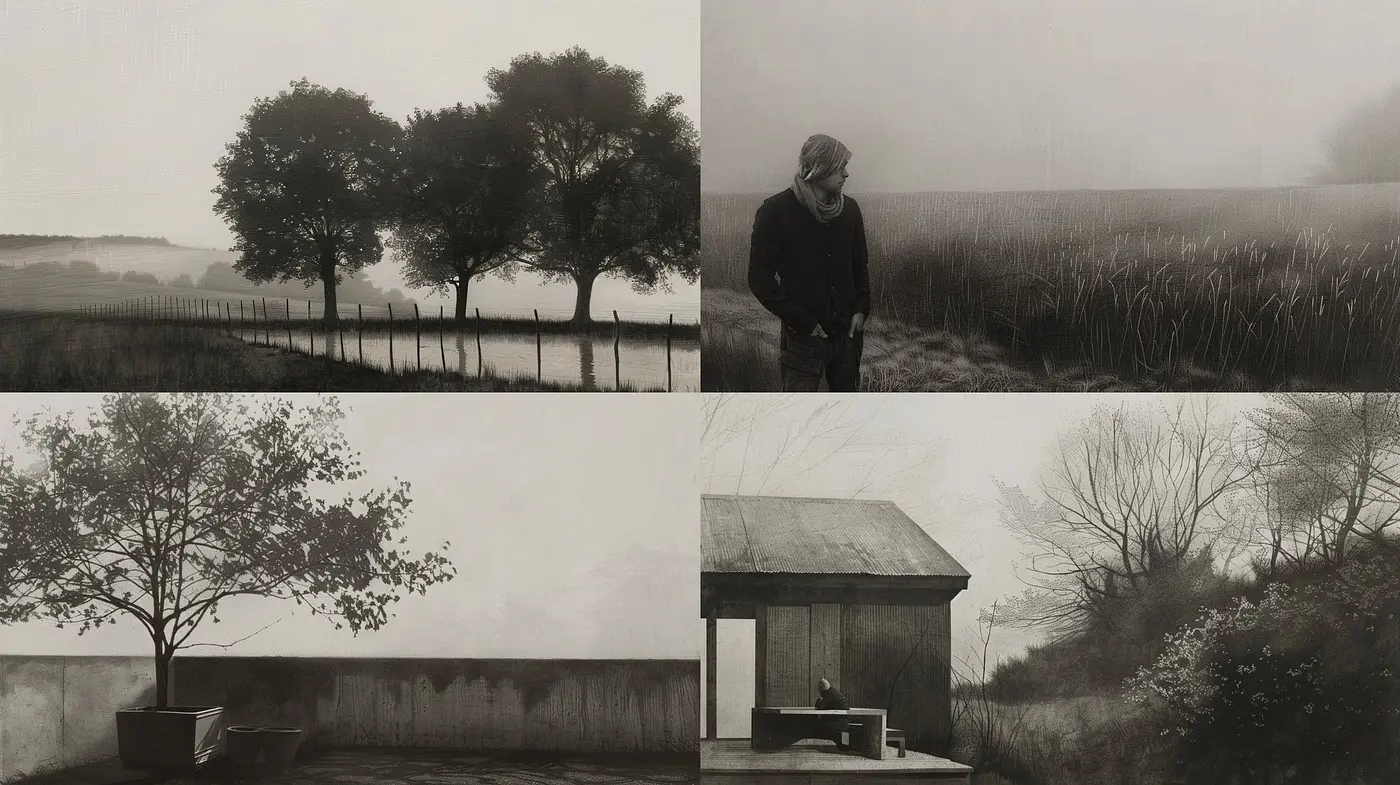 Monochromatic Echoes of Serenity: A Consistent Study of Textured Solitude - Midjourney sref style