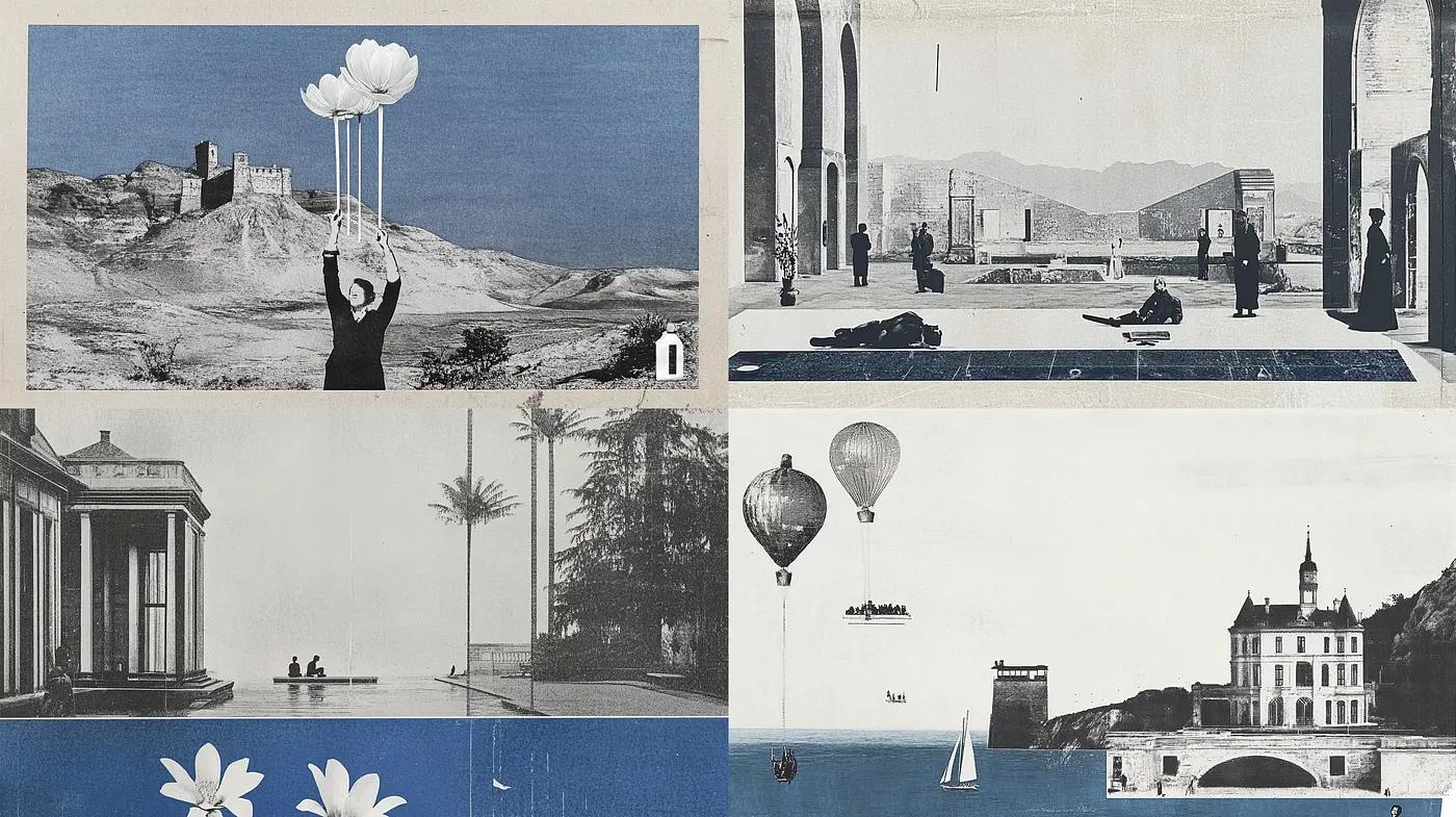 Monochromatic Dreamscape through Surrealist Collage - Midjourney sref style