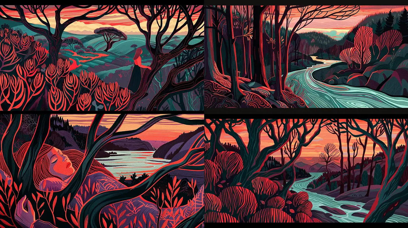 Enigmatic Twilight: Evocative Silhouettes in a Mystical Landscape - Midjourney sref style