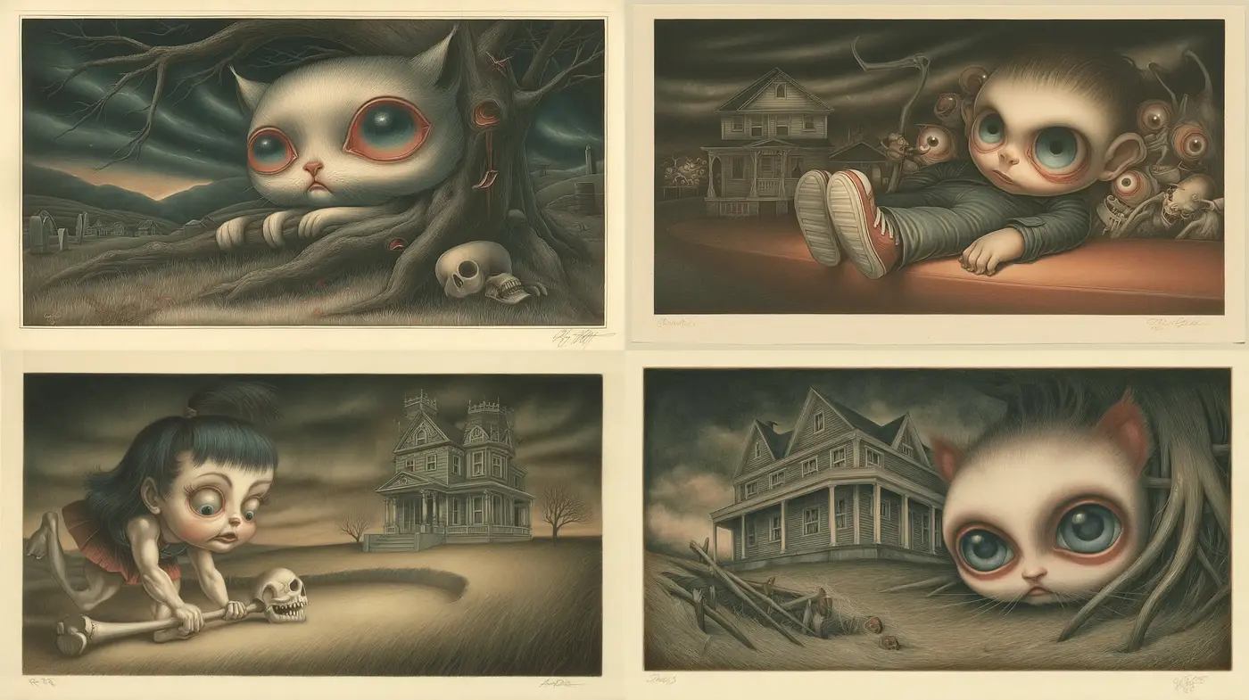 Whimsical Dark Fantasy with Eerie Characters and Haunting Landscapes - Midjourney sref style