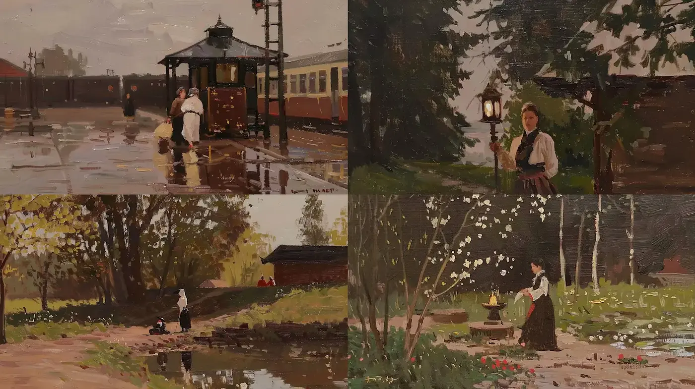 Charming depictions of everyday life in a nostalgic and impressionistic style - Midjourney sref style
