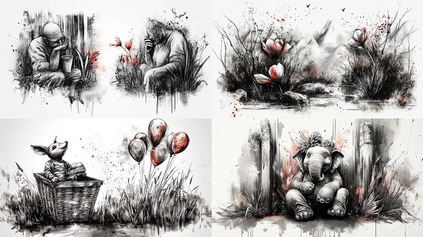 Monochromatic Sketches with Splashes of Red - Midjourney sref style