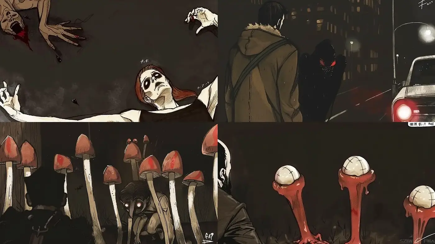 Dark, surrealistic narrative with elements of horror and expressionism - Midjourney sref style