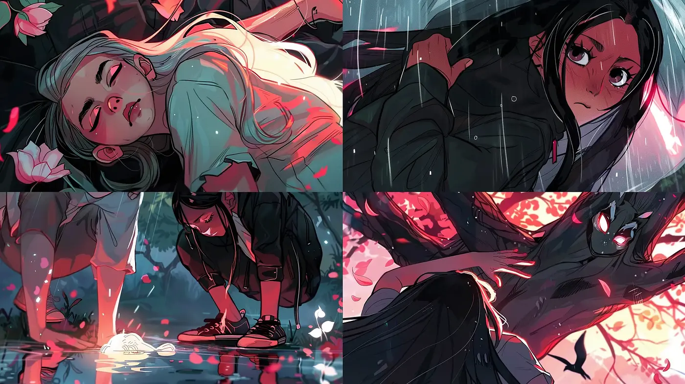 Dramatic Contrast of Vivid Colors and Expressive Anime-like Illustration - Midjourney sref style