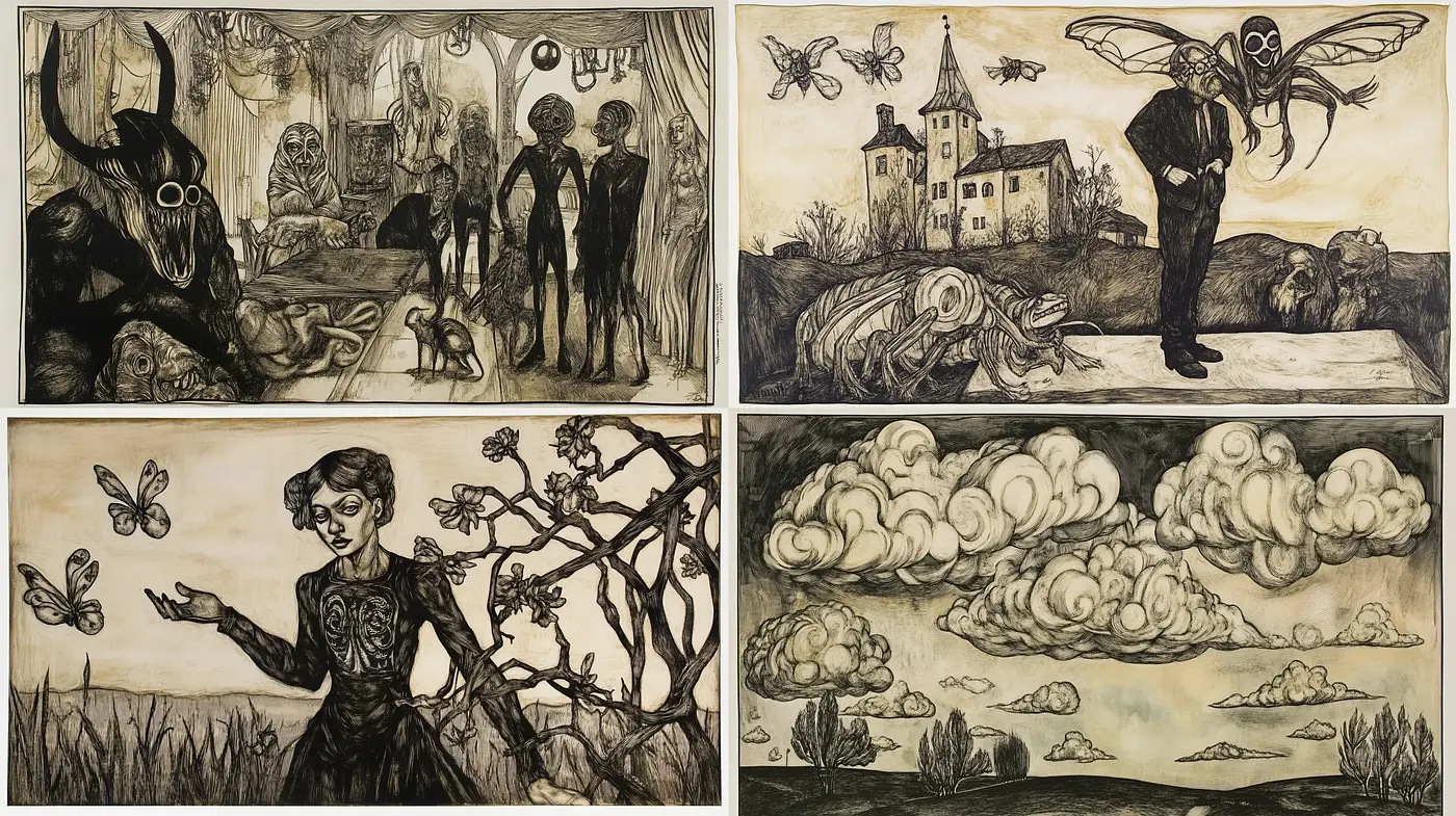 Surrealistic Dreamscapes with a Dark Victoriana Influence - Midjourney sref style