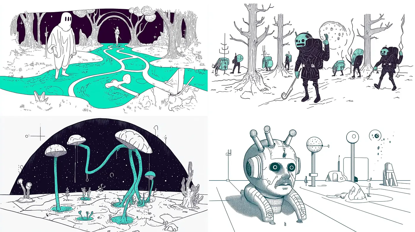 Monochromatic Whimsy: A Journey Through Stylized Illustrated Dreamscapes - Midjourney sref style