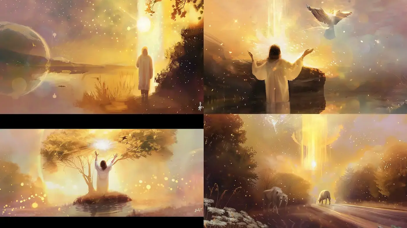 Ethereal Spiritual Landscapes with Warm Glows and Mystical Elements - Midjourney sref style