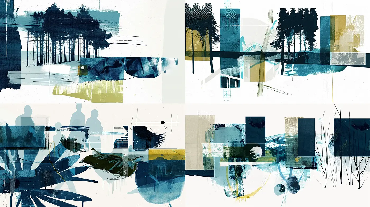 Abstract Synthesis in Cool Tones with Expressive Brushwork and Collage Elements - Midjourney sref style