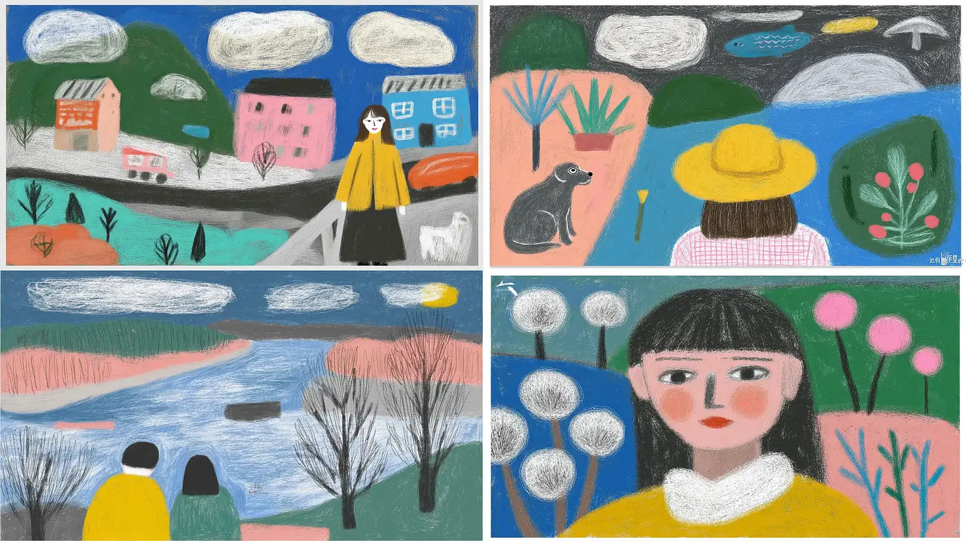 Charming Whimsy with Soft Textured Colors and Playful Shapes - Midjourney sref style