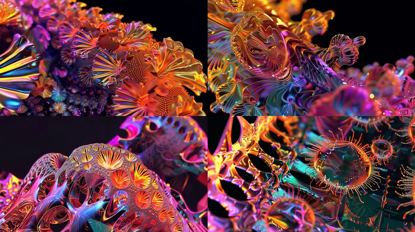 Luminous Fractal Wonderland: A Journey through Vivid and Intricate Digital Artwork - Midjourney sref style