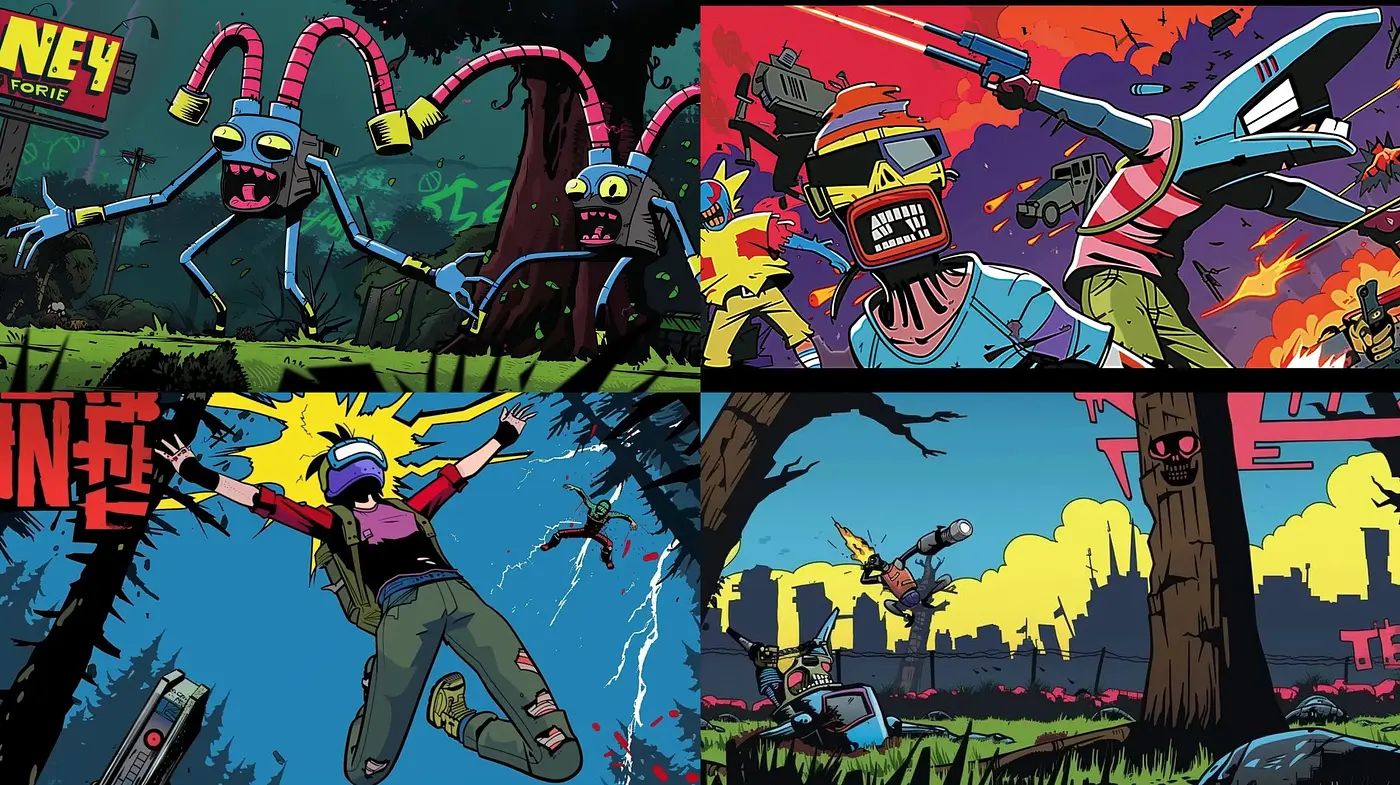 Dynamic Comic Book Frenzy with Vibrant Action-Packed Essence - Midjourney sref style