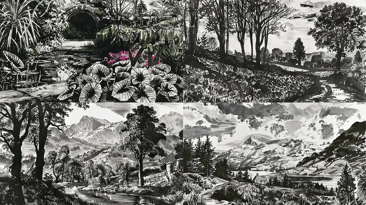 Elegant Landscapes in Monochrome with Organic Textures - Midjourney sref style
