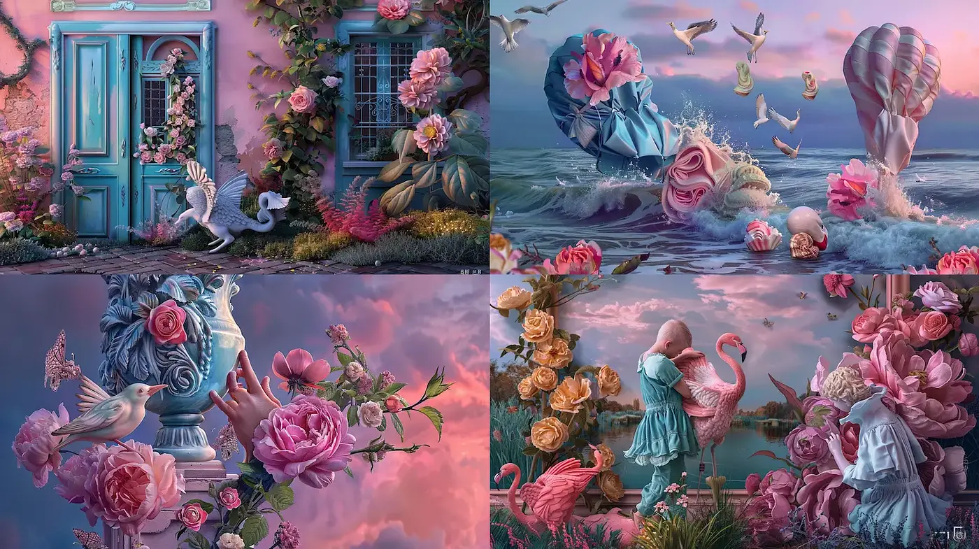 Dreamy pastel fantasies with floral elements and whimsical scenes - Midjourney sref style