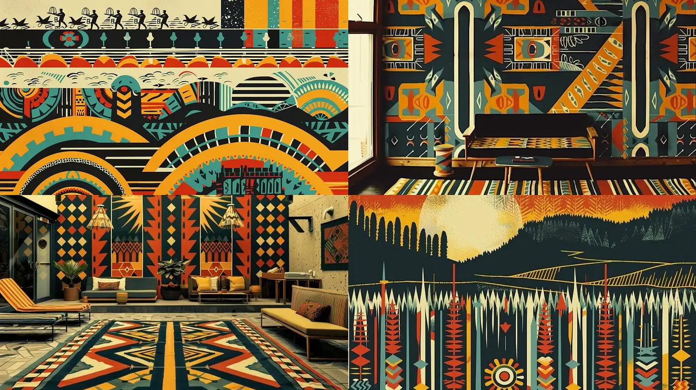Geometric Harmony: A Fusion of Traditional Tribal Motifs and Vibrant Art Deco Elements - Midjourney sref style