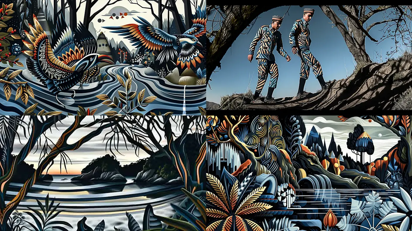 Surreal Nature Fusion in Enigmatic Hues - Midjourney sref style