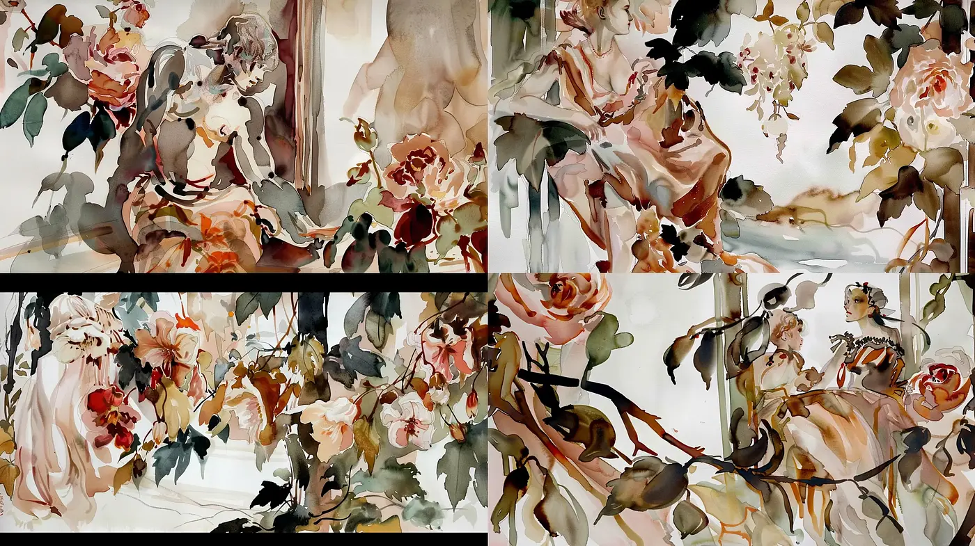 Fluid Elegance of Abstract Botanical Watercolors - Midjourney sref style
