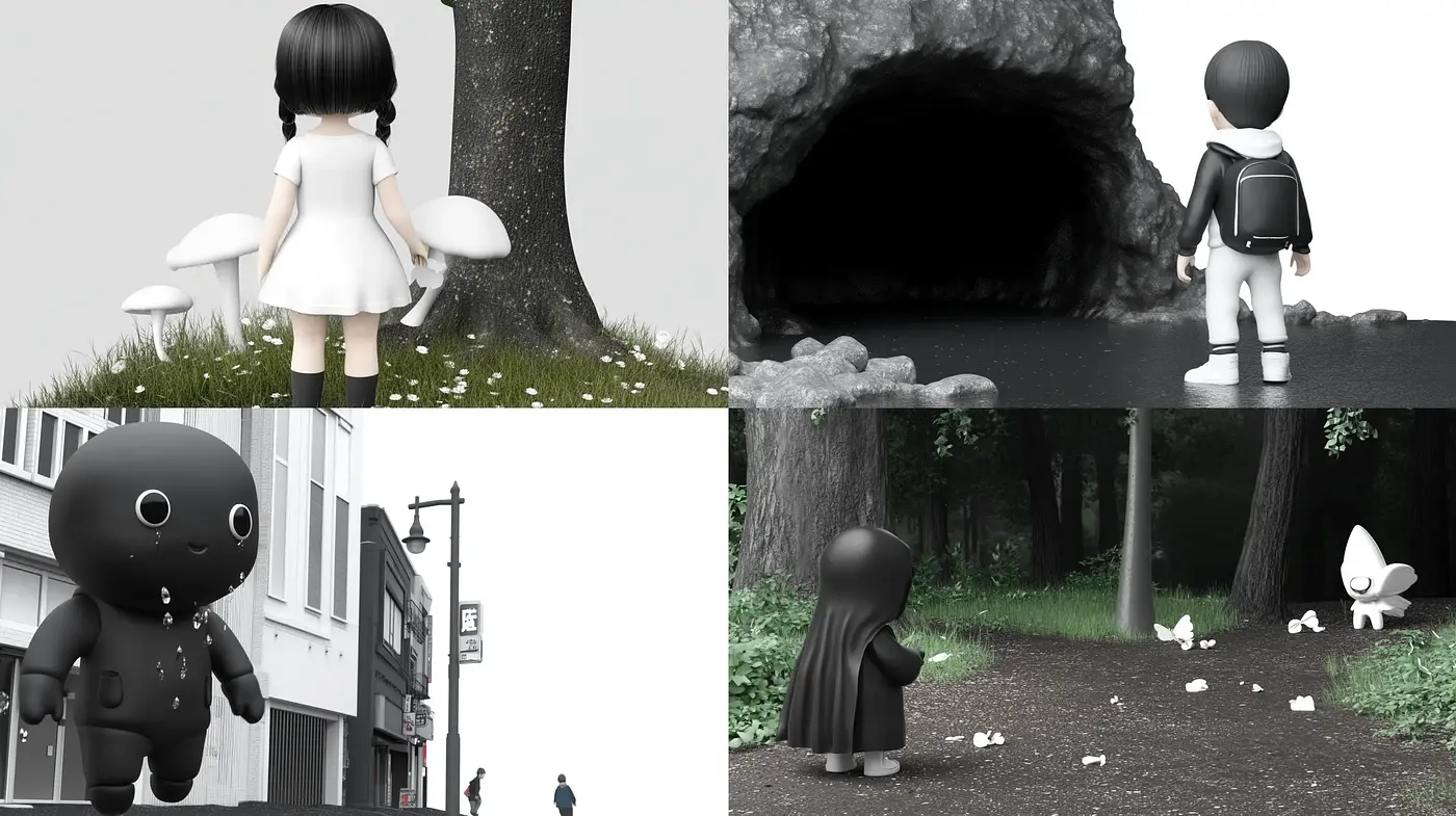 Monochromatic Whimsy: A Consistent Expression in Contrasting Environments - Midjourney sref style