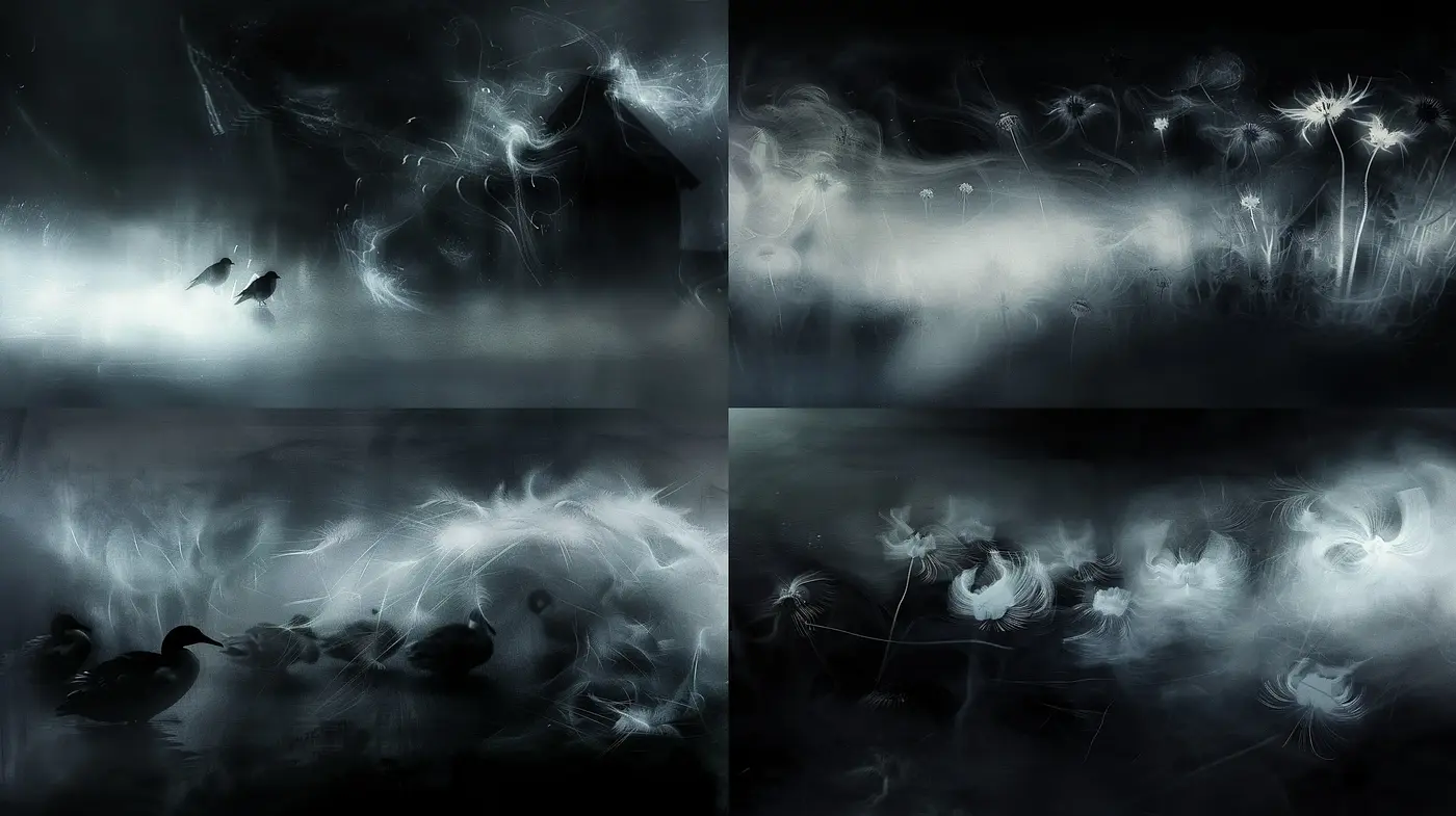 Ethereal Monochrome Dreamscapes: A Study in Shadow and Fluidity - Midjourney sref style