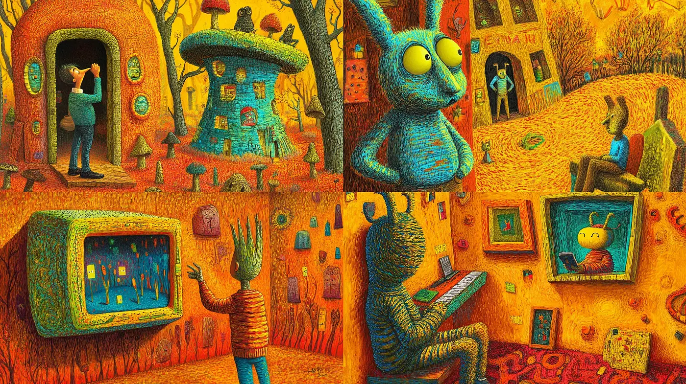Whimsical Textured Dreamscapes: A Synchronous Dance of Color and Fantasy - Midjourney sref style