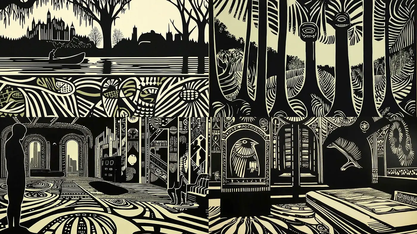 Monochrome Tapestry of Contrasts: An Homage to Woodcut Printmaking - Midjourney sref style