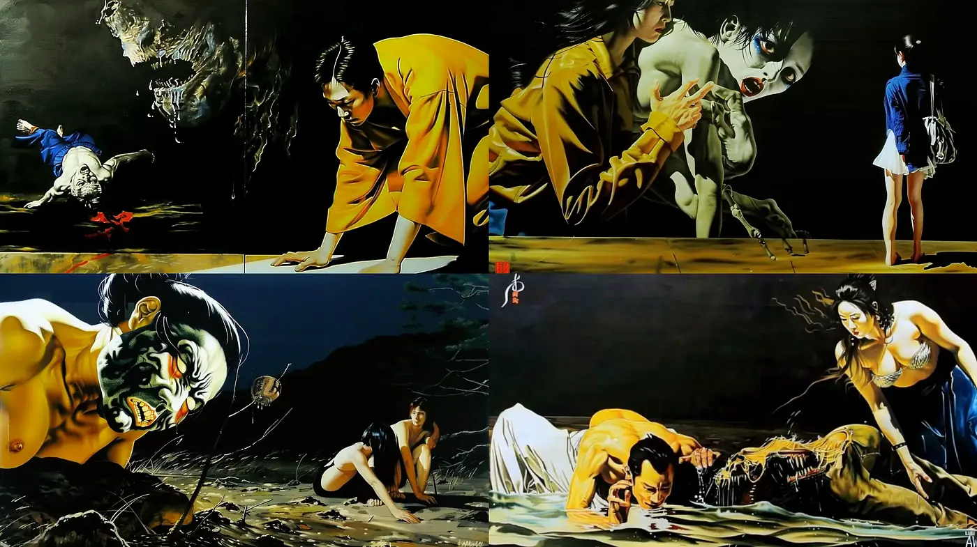 Nocturnal Surrealism Infused with Film Noir Sensibilities - Midjourney sref style