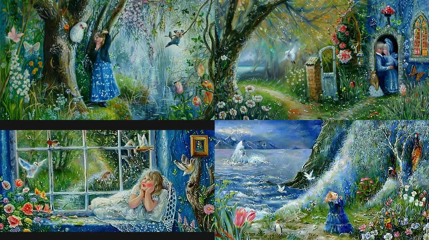 Enchanted Storybook Gardens: A Whimsical Blend of Florals and Dreamy Vistas - Midjourney sref style