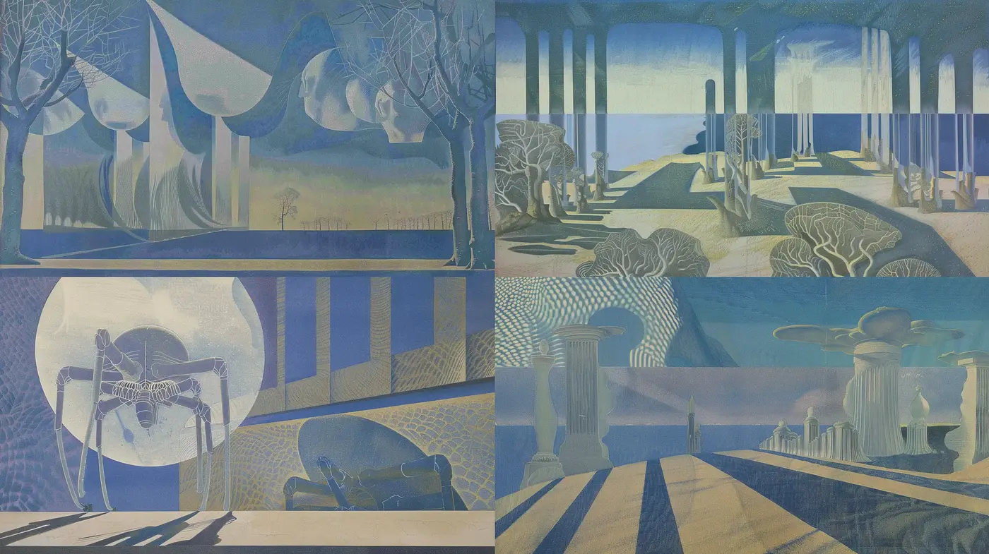 Serene Blue-Green Dreamscape in Geometric Surrealism - Midjourney sref style