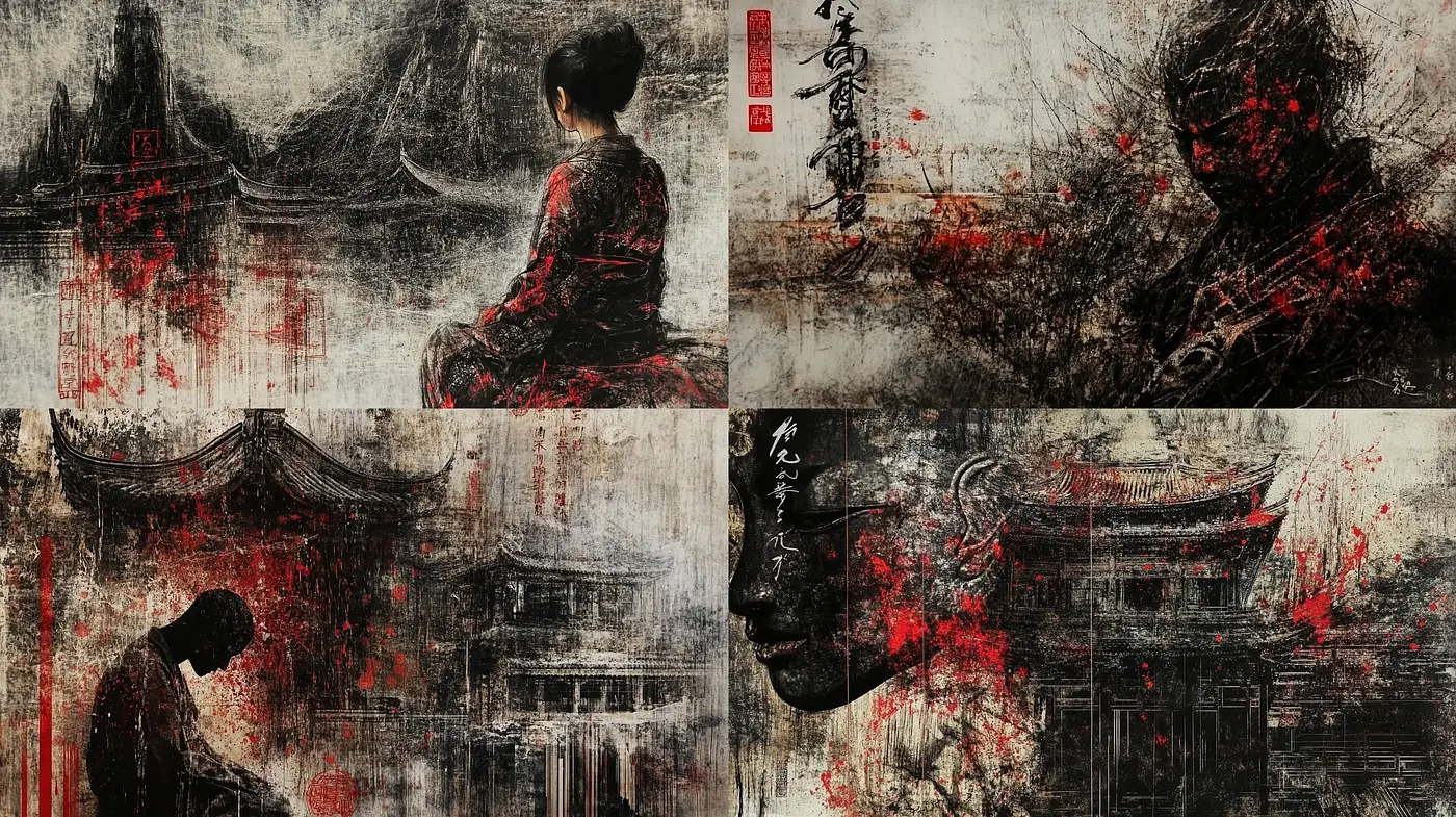 Ethereal Ink-Washed Dreamscape with Ephemeral Red Accents - Midjourney sref style