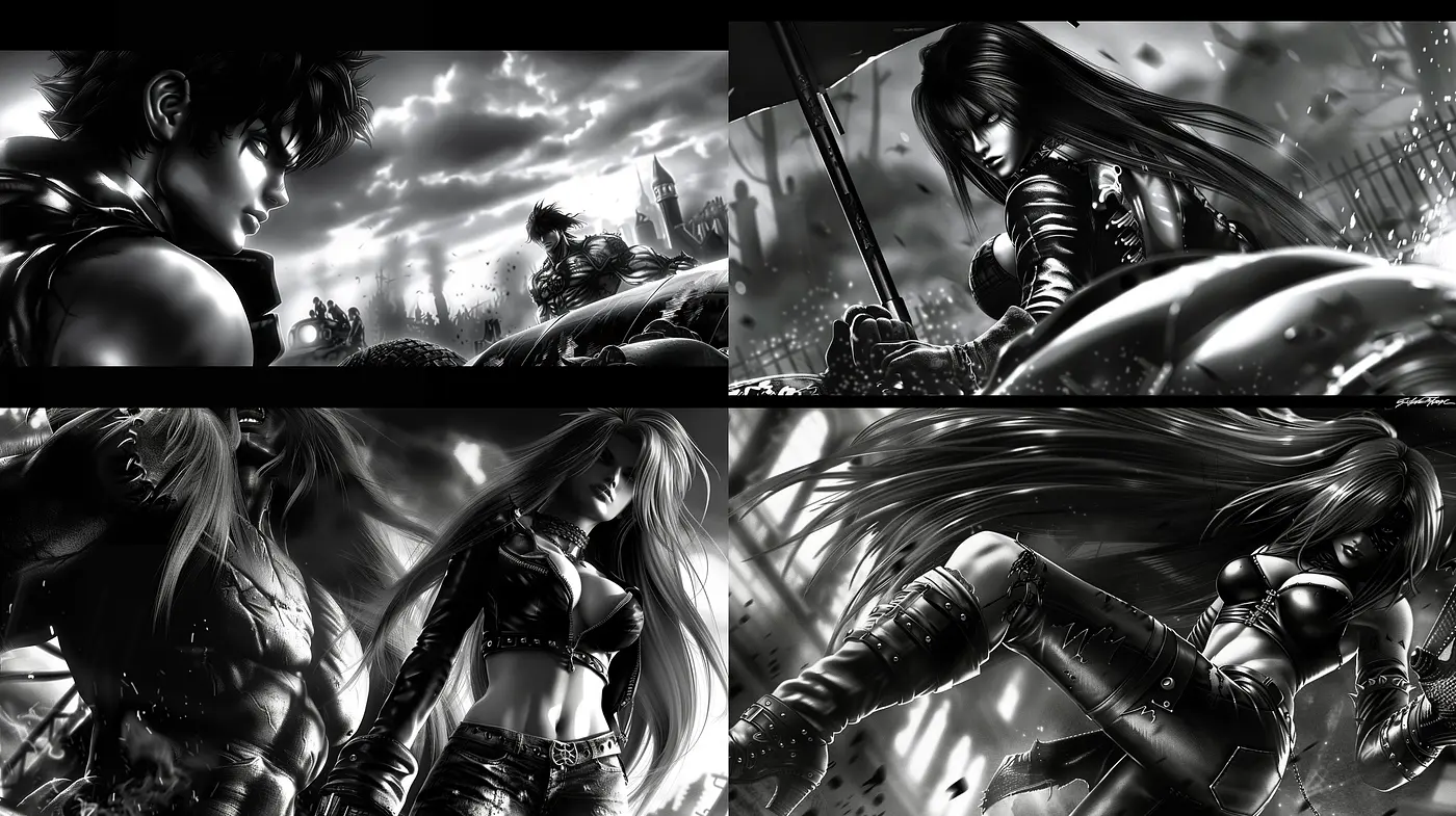 Monochromatic Symphony of Dynamic Manga-Inspired Illustrations - Midjourney sref style
