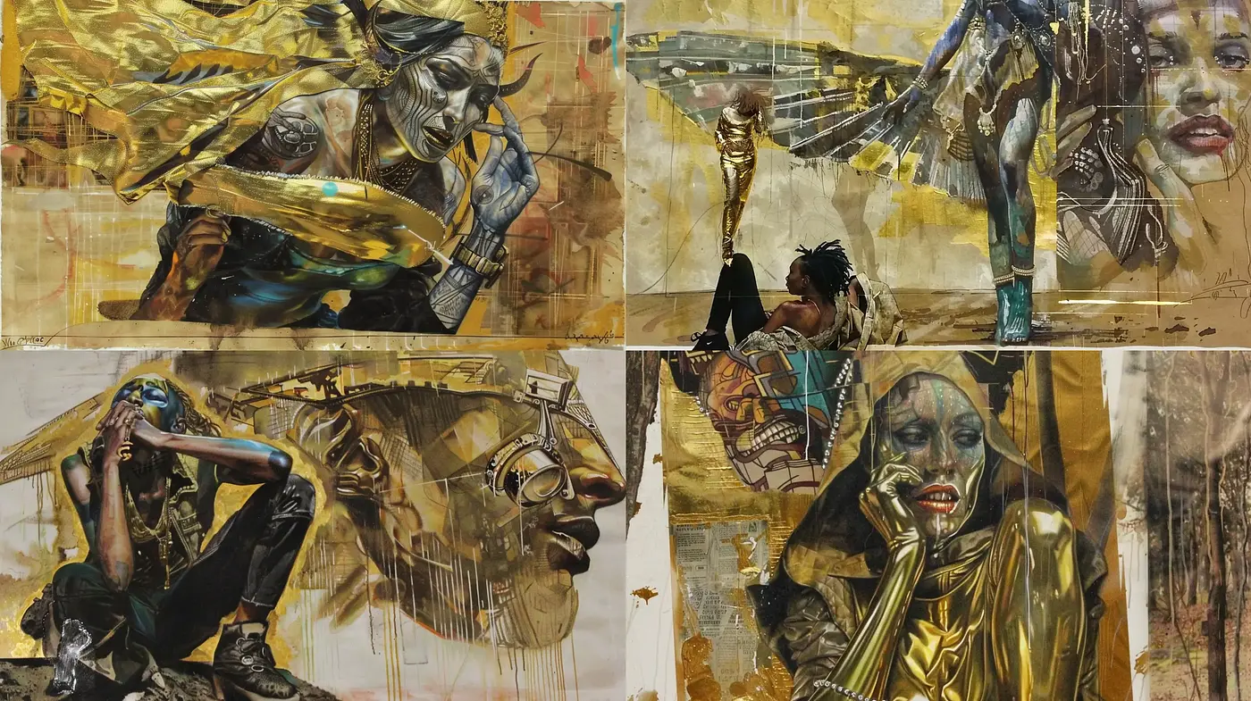 Ethereal Fragments of Memory: A Dystopian Tapestry of Gold and Sepia Tones - Midjourney sref style