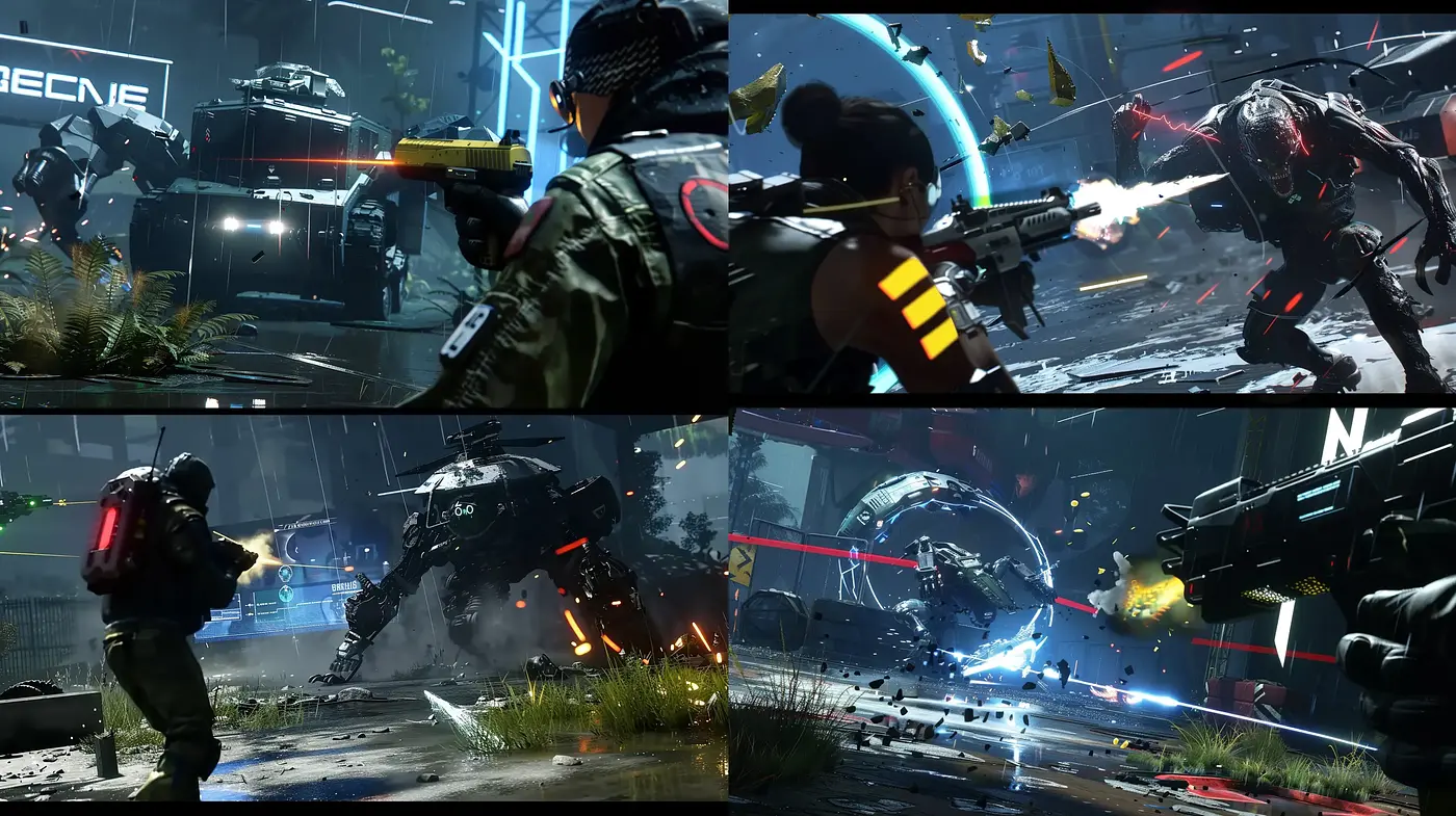 Futuristic Sci-Fi Action Scene with Dynamic Lighting and Combat Elements - Midjourney sref style