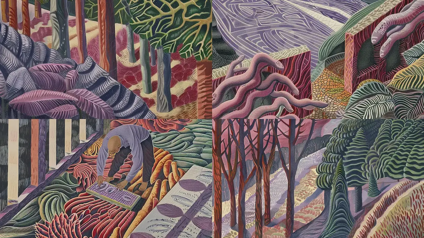 Vibrant and Textured Organic Landscapes with Surreal Elements - Midjourney sref style
