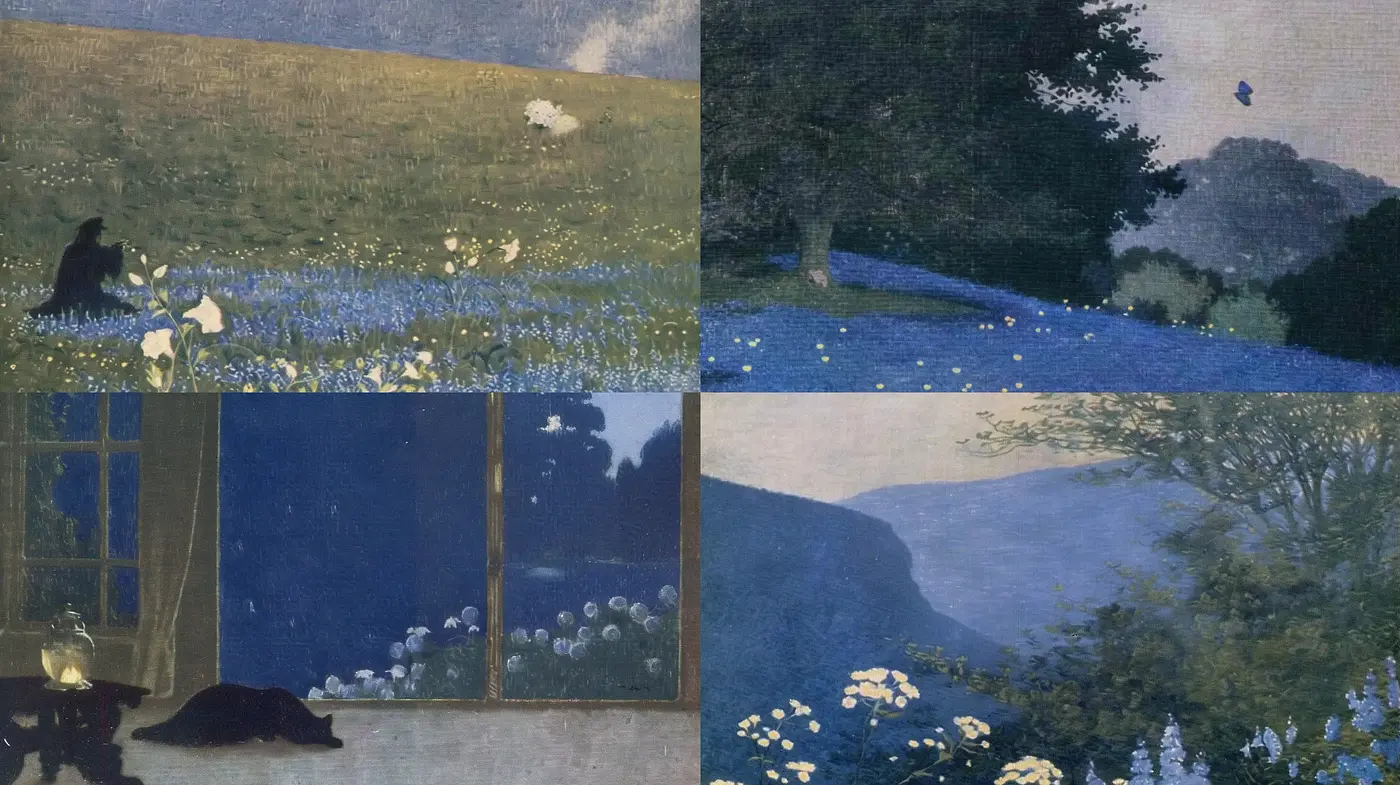 Twilight Tranquility: A Harmonious Fusion of Indigo and Azure in a Post-Impressionist Landscape - Midjourney sref style