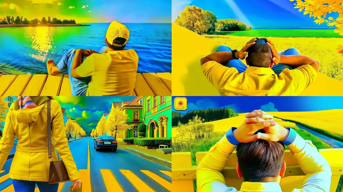 Vibrant and dreamlike compositions with a focus on yellow tones and expansive landscapes - Midjourney sref style