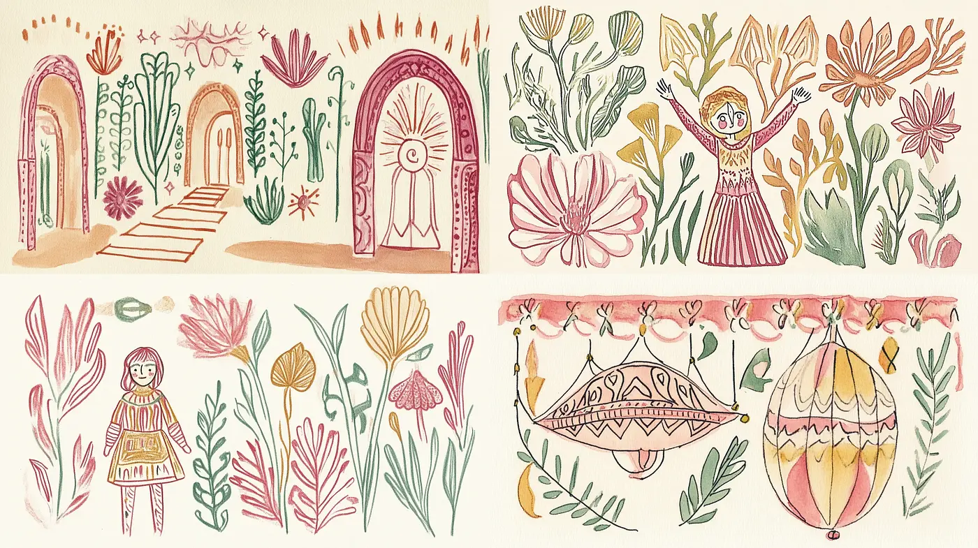Folksy Whimsy: A Harmonious Dance of Patterns and Pastel - Midjourney sref style