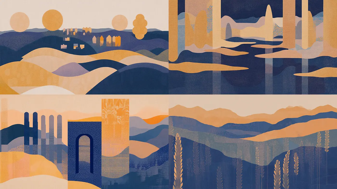 Warm-Toned Abstracted Landscapes with Textured Patterns - Midjourney sref style
