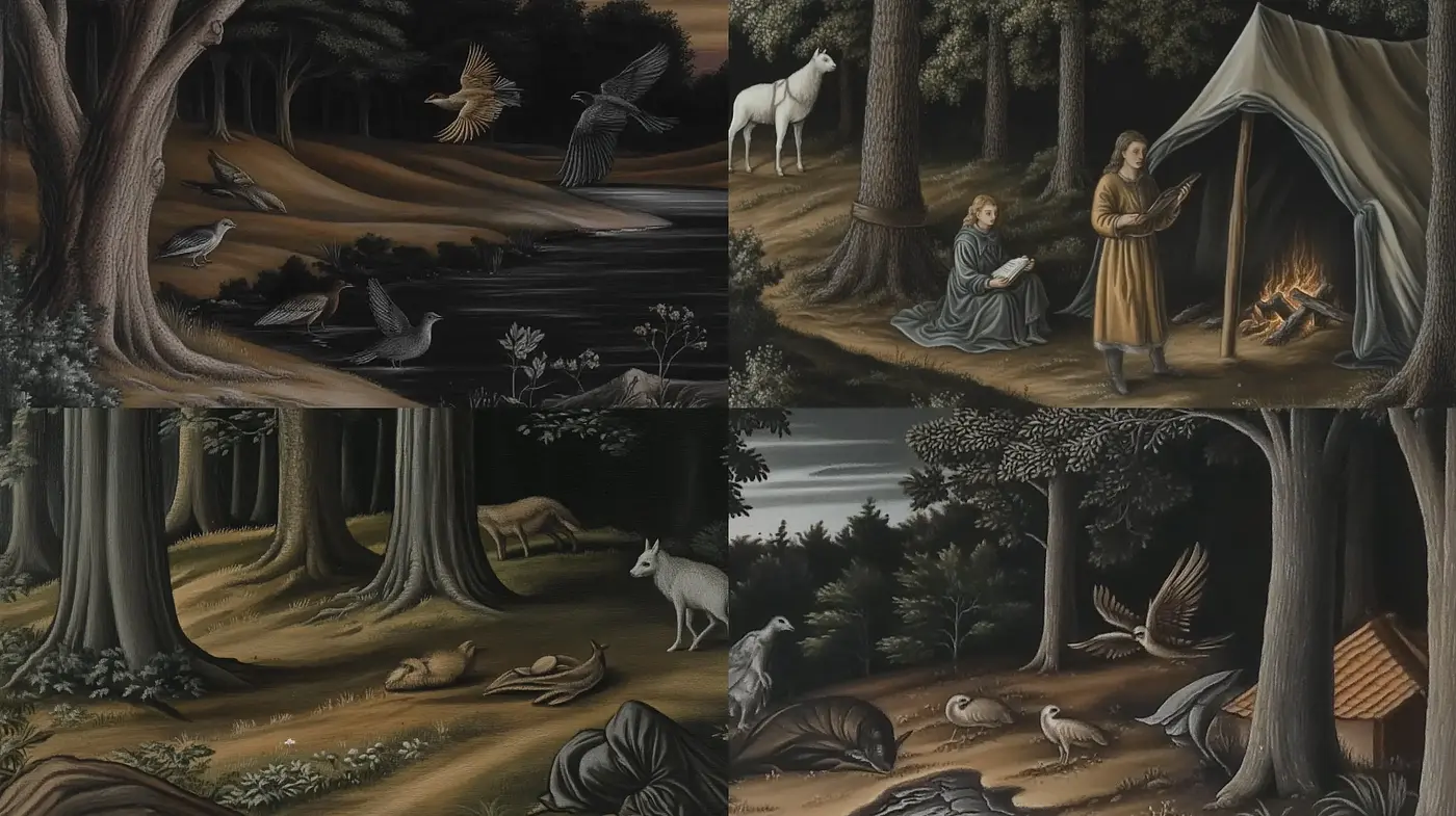 Enigmatic Renaissance-Inspired Forest Scenes with Surreal Undertones - Midjourney sref style